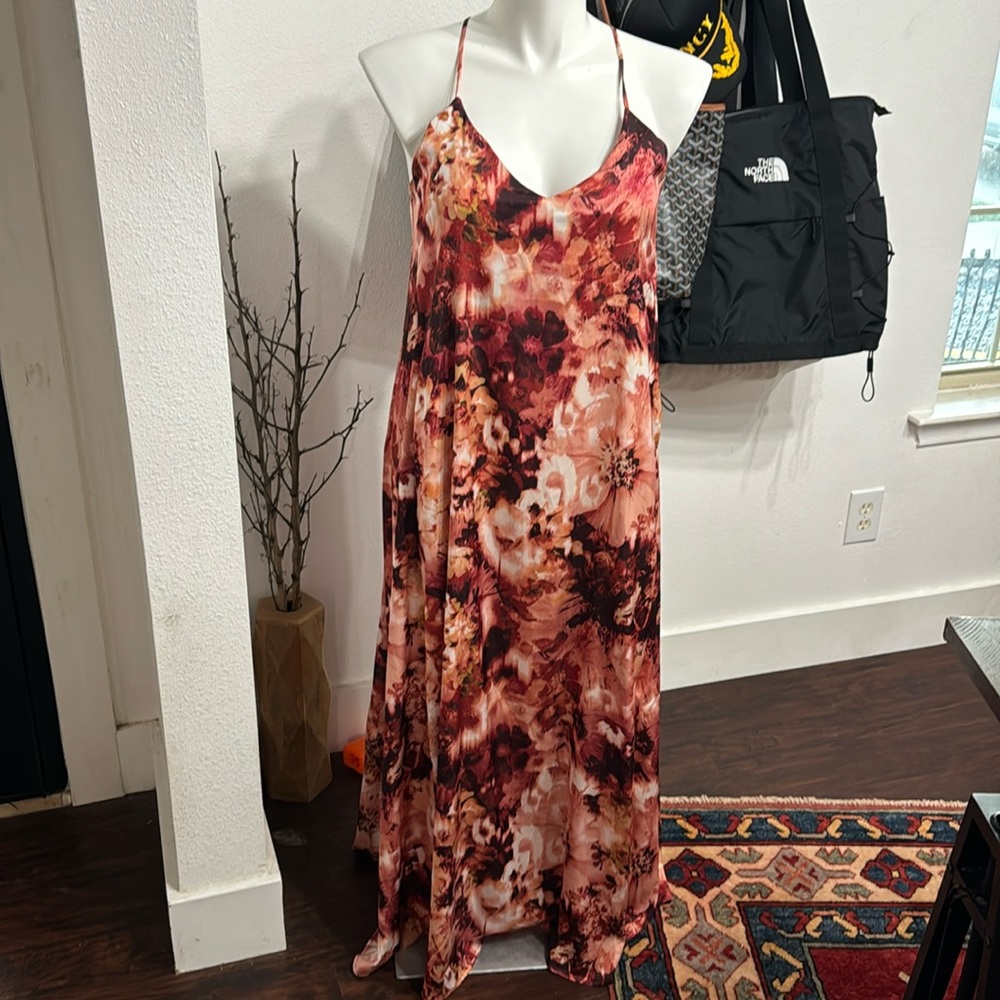 Nicole Miller - Floral Satin Maxi Dress - Rose & Burgundy - L